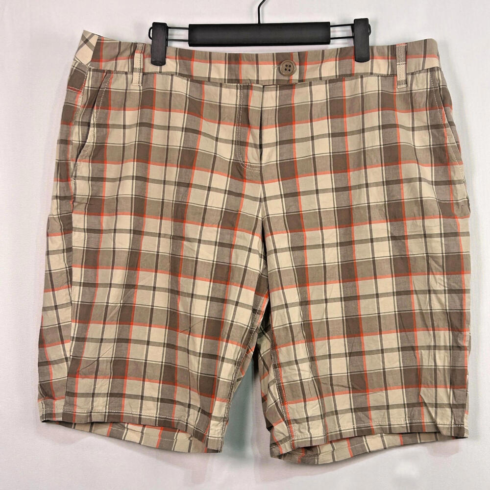 New York & Company Women Plaid Bermuda Shorts Size 18 Beige Brown Orange Stretch